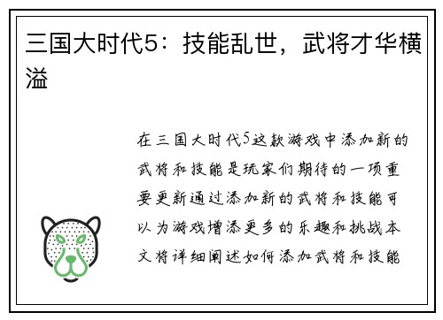 三国大时代5：技能乱世，武将才华横溢